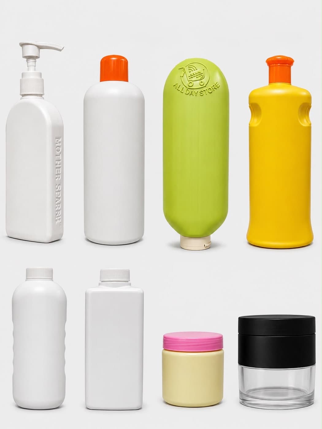 Range of HDPE and PET plastic bottles and jars in white, green and yellow
