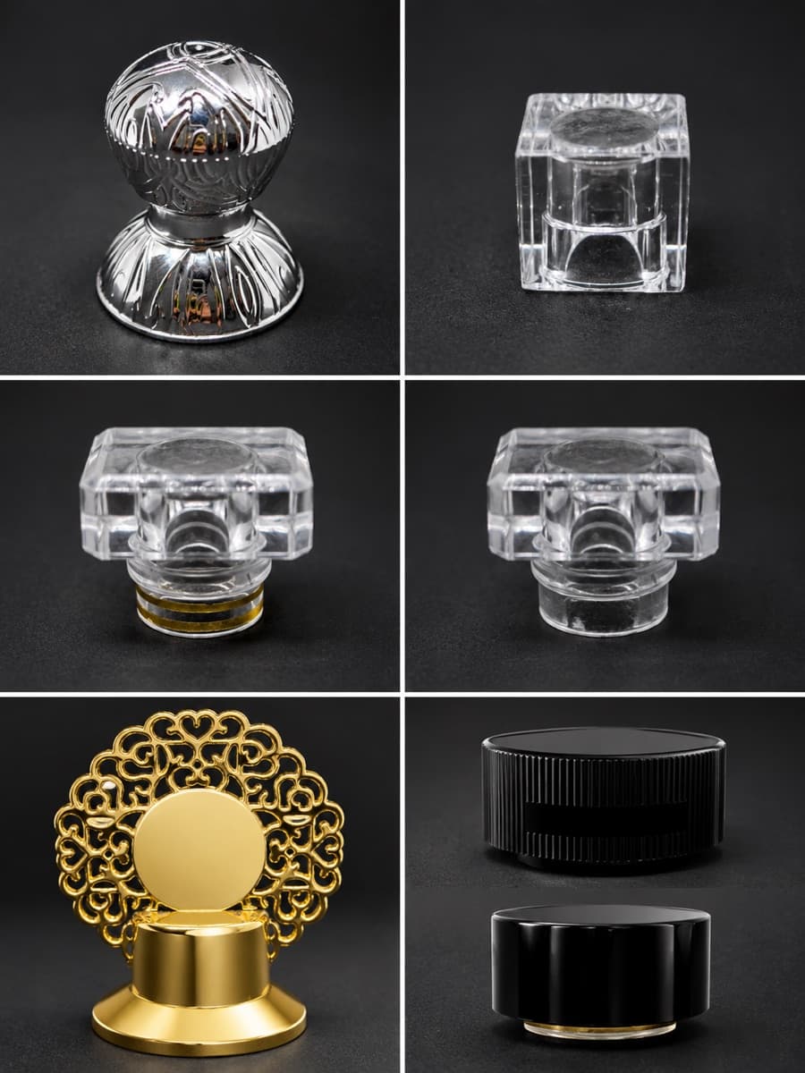 Ornate clear acrylic and gold perfume caps with a luxury finish